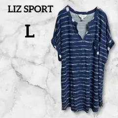LIZ SPORT【L】ブルー 半袖Tシャツ カジュアル ストライプ 春夏