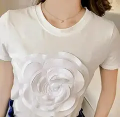 半袖 Tシャツ 花 フラワー カメリア 白