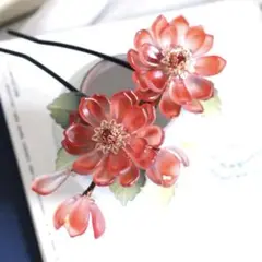 瑠璃花睡蓮花緑葉釵 赤緑金色髪飾り　かんざし　花見花火　結婚式　着物和服浴衣漢服