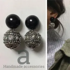 1195 2way☺︎ブラックカボションピアス×グレーシルバースタッズボール☺︎