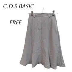 C.D.S BASIC フレアスカート（F）日本製　白×紺色　裏地ありa929