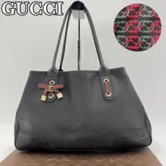 美品 GUCCIトートバッグ シェリーライン リボン レザー 裏地G総柄 黒