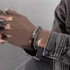 【ラスト1点】 チェーン 2連 ブレスレット ストーン シルバー 黒 メンズ