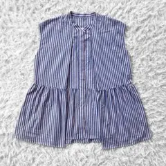 INNOWAVE スタンドカラー ノースリーブ ストライプ ブラウス M 青