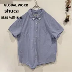 GLOBAL WORK シャツ 綿　麻　ストライプ ブルー