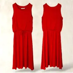 【アンドサーチ】レーヨン100% ノースリーブワンピース　M　ロング丈　レッド系