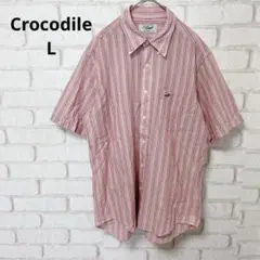 Crocodile 半袖　シャツ　ピンク　ストライプ　刺繍　コットン100% L