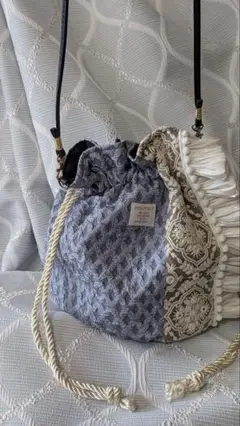 インド刺繍リボン♡丸底きんちゃくbag♡くすみブルー　(ショルダー紐無し対応)