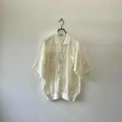 日本製 タグ付未使用 ハーフボタンシャツ 刺繍 白 リネン 麻 L レトロ
