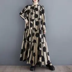 値下げ シャツワンピース 大きいサイズ 水玉柄 プリント Aライン　秋　黒