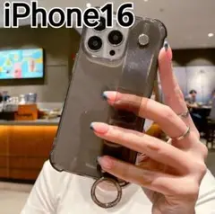 iPhone16 ケース　ブラック　黒　クリア　ラメ　ベルト付き　リング