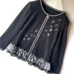 伊太利屋　13号　ジップアップ　ニット　セーター　ビジュー　ストレッチ　黒