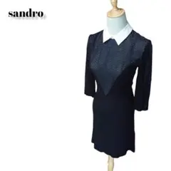 人気♪サンドロ パリ シルク混 異素材切替 膝丈 ワンピース 黒系 高島屋 上品