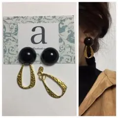 1021-3 2way ブラック×カボションピアス×ゴールド変形フープ☺︎