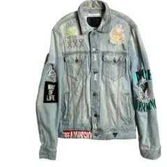 GUESS ダメージGジャン 青 LL プリント ワッペン デニム 個性的