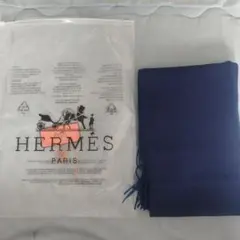 HERMES ネイビー マフラー ウール フリンジ付き