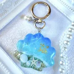 新作‼️大人気海塗り‼️ シェル形浜辺のキーホルダー② レジン　シルバー金具　海塗り