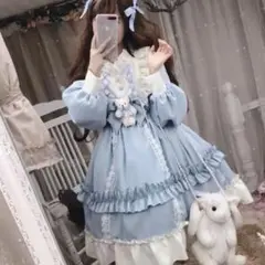 【大人気!再入荷】水色★ロリータワンピ★コスプレ★可愛い★レース★くま★FREE