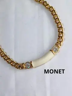 12☆　MONET ゴールド チェーンネックレス ホワイトエナメル クリスタル