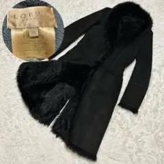 LOEWE ブラックレザー ファー襟 ロングコート LOEWE/ロエベ】 ロングコート 羊革/アセテート/レーヨン