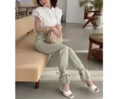 美品 エイミーイストワール eimy istoire リボンヘムタックパンツ