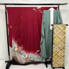 振袖3点セット(着物+長襦袢+袋帯) 京友禅ボカシ 金駒刺繍 エンジ色系 正絹