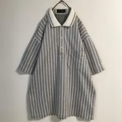 90s 日本製 古着 ストライプ ポロシャツ 半袖 メンズL 白 黒 レトロ