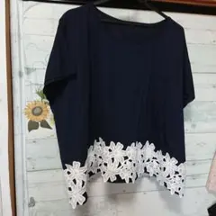 ネイビー 半袖Tシャツ 花柄レースL