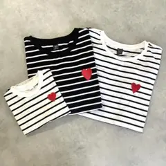 SHEIN ストライプ ハート刺繍 Tシャツ 親子ペア リンクコーデ 3枚セット