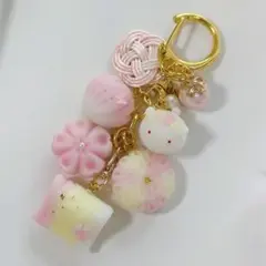 練り切り　フェイク和菓子　キーホルダー　プレゼント　桜　水引　樹脂粘土