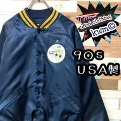 古着USA製90sヴィンテージ刺繍ロゴナイロンスタジャン紺ネイビーL