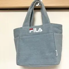『FILA デニムトートバッグ』 刺繍 大きめ ファスナー 空色 厚手