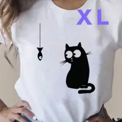 【人気】　猫　プリント　Tシャツ　カットソー　イラスト　XL　ホワイト　⑦