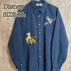 Disney ディズニー BDシャツ ライオンキング 刺繍デザイン ネイビーXL