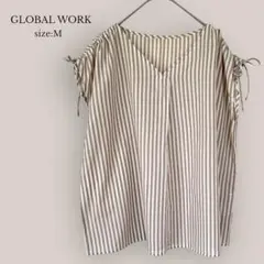 GLOBAL WORK✨美品✨半袖ブラウス　ストライプ　Vネック　ベージュ