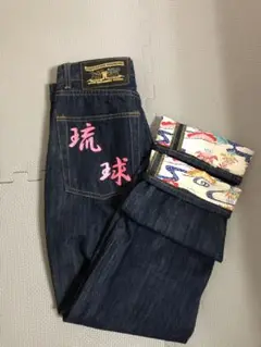 琉球紅型ペイントデニムパンツ