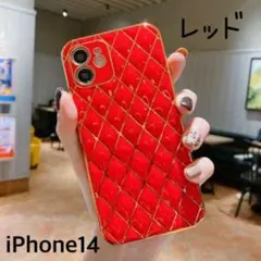スマホケース iPhone14 ケース レッド ダイヤ柄　iPhoneケース
