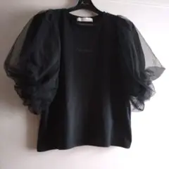 黒いパフスリーブTシャツ素材のトップス