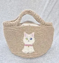 白猫ステッチ入り　麻ひもバッグ　ハンドメイド