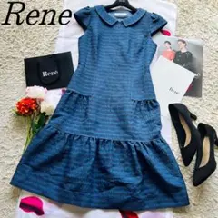 【美品】Rene フロントジップフレアワンピース フレンチスリーブ 襟 34