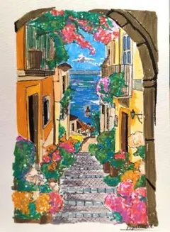 手描きイラストB6　ペン画・アクリルマーカー『ベネチアの街』