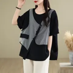 おしゃれ度高め Tシャツ フェイクインナー 個性的なデザイン 刺繍 丸襟