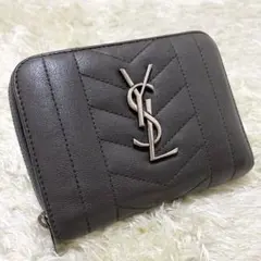 サンローランパリ YSL 折り財布 シルバーロゴ キャビアスキン グレー