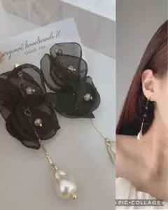 再販♡2連ブラックオーガンジーフラワー×エレガンスチェーンパールロングピアスイヤ