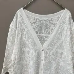 オーアールエフ　刺繍コットンブラウス(M)ホワイトショート丈　Ｖネック七分袖