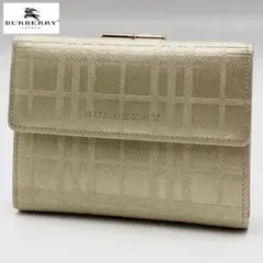 美品 バーバリー 三つ折り財布 レザー エンボス がま口 チェック ゴールド
