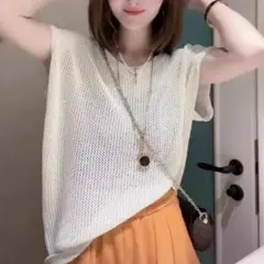 ホワイト メッシュニット 半袖トップス サマーニット 透かし編み 白