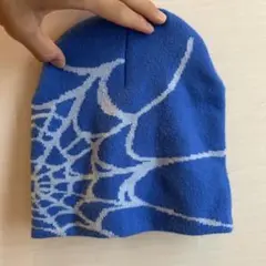 クモの巣模様 ニット帽 青