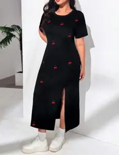 【チェリー刺繍が大人かわいい♡サイドスリット入りブラックロングワンピ】