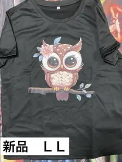 フクロウイラスト Mサイズ(jp XL) ブラックTシャツ　半袖シャツ　MZ